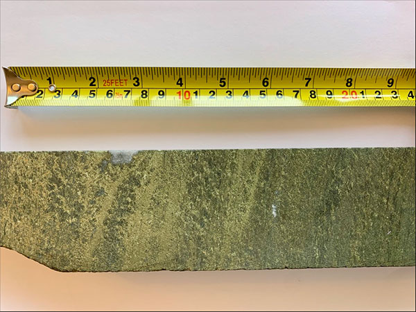 Figure 3. Hole KM-20-03 at depth of 256m downhole, grading 7.4% Cu, 1.8g/t Au, 56g/t Ag, and 1.1% Zn.